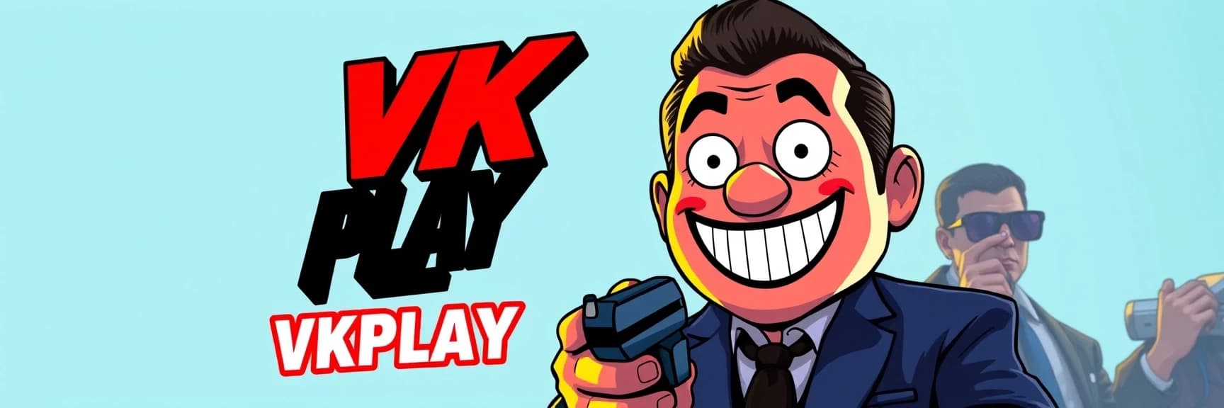 создай изображение, слева логотип VKPLAY справа изображение смайлик Red-John-Smiley-Face из сериала менталист на фоне с градиентным переходом светлых оттенков синего
