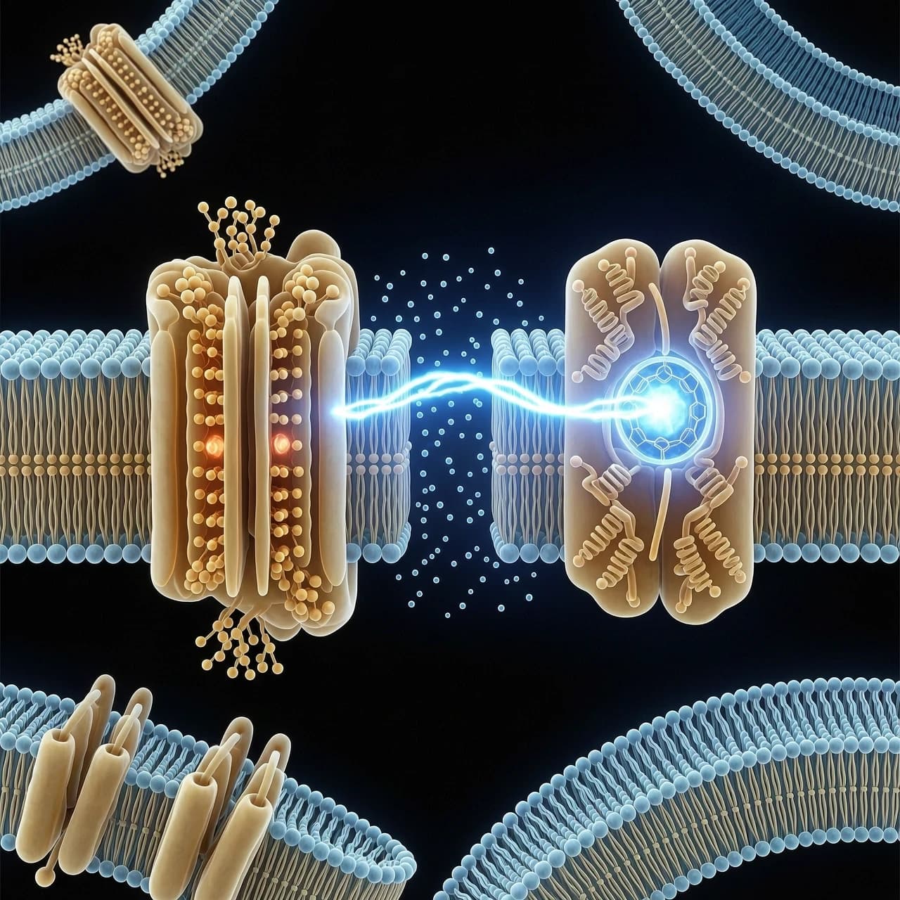 Scientific 3D visualization of a mitochondrial cristae junction during muscle contraction. The intercristal space is narrowing significantly. An electron transfer pathway visualized as a glowing blue energy arc jumps from the left side BC1 complex across the narrowed gap to the right side cytochrome c1 heme group. Highly detailed inner mitochondrial membrane lipids and protein surfaces, subsurface scattering, soft dramatic lighting against a dark background, macro photography depth of field, hyperrealistic, octane render