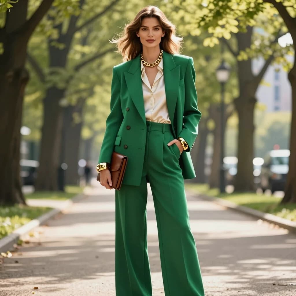 A full-body spring portrait of a female model with classic European features (fair skin, high cheekbones, light brown hair gently tousled by the breeze), standing confidently on a tree-lined park path. She wears an oversized emerald green double-breasted blazer with sculpted shoulders, matching wide-leg trousers that graze the ground, and a silk cream blouse. A chunky gold chain necklace and matching gold cuff bracelet add boldness. She stands with one hand in her pocket, the other holding a leather portfolio, looking directly at the camera with a calm, commanding smile. Soft morning sunlight filters through the fresh green leaves, creating dappled light and gentle shadows. The background is a soft blur of trees and a hint of city skyline. Photorealistic, luxury lifestyle fashion, 8K, 2:3 vertical, editorial quality. No text, no watermark.