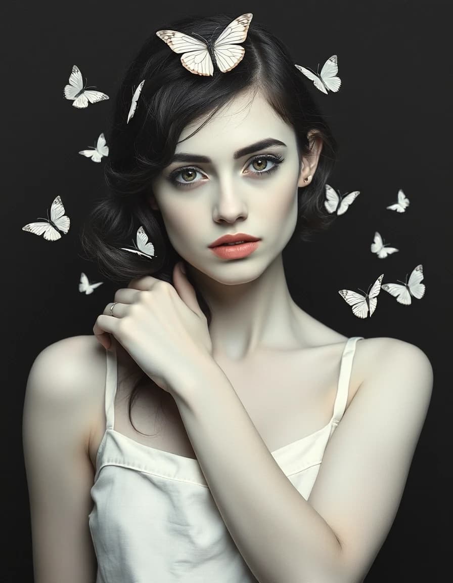 Black and white minimalism, conceptualism, flat painting, pale young beautiful European woman of Slavic type, 23 years old, shoulder-length hair, dark, slightly wavy, fluffy white butterfly on her hair, in a white dress with thin straps, white butterflies over surrealism, naturalness, dark background,