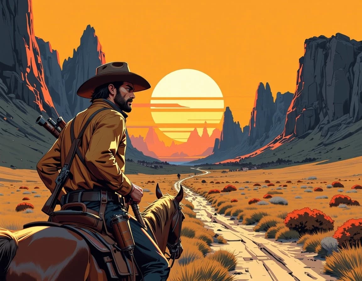 A masterpiece, in the style of the 1980s, with bold lines, dynamic strokes and rich textures, on background with a touch of nostalgia, perhaps with subtle drawings inspired by cellulose and vintage, worn textures similar to paper, oil painting, by Louis L’Amour. Classic Western adventure scene, a rugged cowboy riding alone through a dangerous mountain pass, rocky cliffs rising on both sides, dusty trail disappearing into the wilderness, a distant frontier town under a dramatic sunset sky. Weathered cowboy hat, rifle on the saddle, vast open landscape, realistic Western painting style, cinematic lighting, warm golden and brown tones, mysterious frontier atmosphere, high contrast. celshading, simple background
