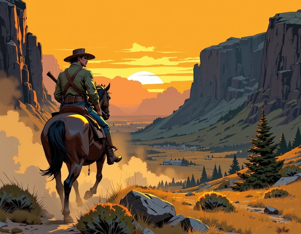 A masterpiece, in the style of the 1980s, with bold lines, dynamic strokes and rich textures, on background with a touch of nostalgia, perhaps with subtle drawings inspired by cellulose and vintage, worn textures similar to paper, oil painting, by Louis L’Amour. Classic Western adventure scene, a rugged cowboy riding alone through a dangerous mountain pass, rocky cliffs rising on both sides, dusty trail disappearing into the wilderness, a distant frontier town under a dramatic sunset sky. Weathered cowboy hat, rifle on the saddle, vast open landscape, realistic Western painting style, cinematic lighting, warm golden and brown tones, mysterious frontier atmosphere, high contrast. celshading, simple background