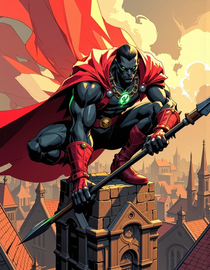 A masterpiece, in the style of the 1980s, with bold lines, dynamic strokes and rich textures, on background with a touch of nostalgia, perhaps with subtle drawings inspired by cellulose and vintage, worn textures similar to paper, oil painting, Epic cinematic digital painting of a dark antihero perched atop a weathered stone cross on a gothic cathedral roof, crouched predatory pose, rippling tattered red cape dramatically billowing behind him, black muscular armored suit with stark white chest markings, skull chain across chest, studded red leather gauntlets and boots, spikes and rivets, glowing neon green eyes emitting wisps of ethereal smoke, holding a jagged barbed spear resting on the stone. Bird’s‑eye perspective over a medieval European town with terracotta tiled roofs, narrow cobblestone streets and soaring cathedral spires, warm late afternoon sunbeams and volumetric light rays cutting through clouds, long dramatic shadows. Ultra‑detailed textures: cracked stone, rusted chains, worn leather, scratched metal, realistic fabric folds, skin and muscle definition. High contrast rim lighting, cinematic color grading, slight depth of field, dynamic motion, heroic moody atmosphere, hyper‑real comic book style, extremely detailed, sharp focus on character, 4k+ . resolution.celshading, simple background