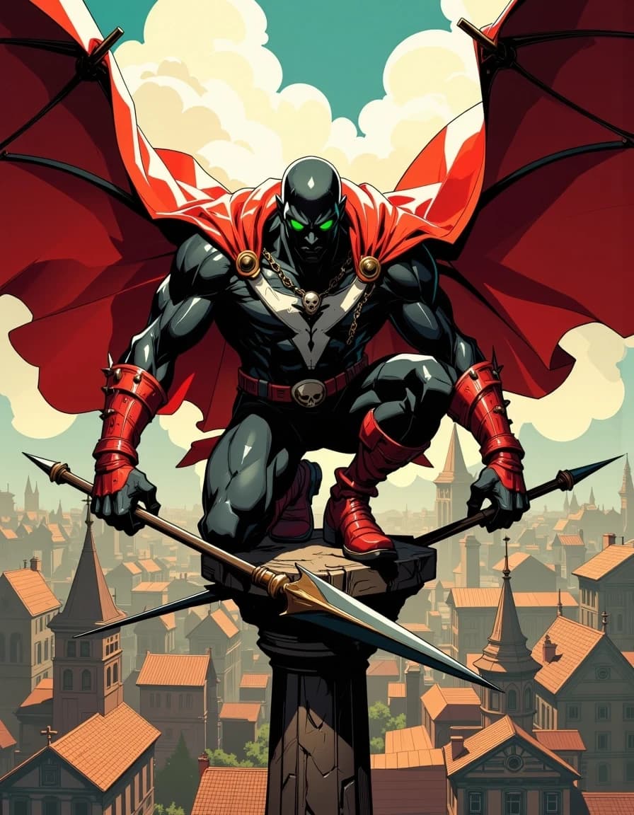 A masterpiece, in the style of the 1980s, with bold lines, dynamic strokes and rich textures, on background with a touch of nostalgia, perhaps with subtle drawings inspired by cellulose and vintage, worn textures similar to paper, oil painting, Epic cinematic digital painting of a dark antihero perched atop a weathered stone cross on a gothic cathedral roof, crouched predatory pose, rippling tattered red cape dramatically billowing behind him, black muscular armored suit with stark white chest markings, skull chain across chest, studded red leather gauntlets and boots, spikes and rivets, glowing neon green eyes emitting wisps of ethereal smoke, holding a jagged barbed spear resting on the stone. Bird’s‑eye perspective over a medieval European town with terracotta tiled roofs, narrow cobblestone streets and soaring cathedral spires, warm late afternoon sunbeams and volumetric light rays cutting through clouds, long dramatic shadows. Ultra‑detailed textures: cracked stone, rusted chains, worn leather, scratched metal, realistic fabric folds, skin and muscle definition. High contrast rim lighting, cinematic color grading, slight depth of field, dynamic motion, heroic moody atmosphere, hyper‑real comic book style, extremely detailed, sharp focus on character, 4k+ . resolution.celshading, simple background