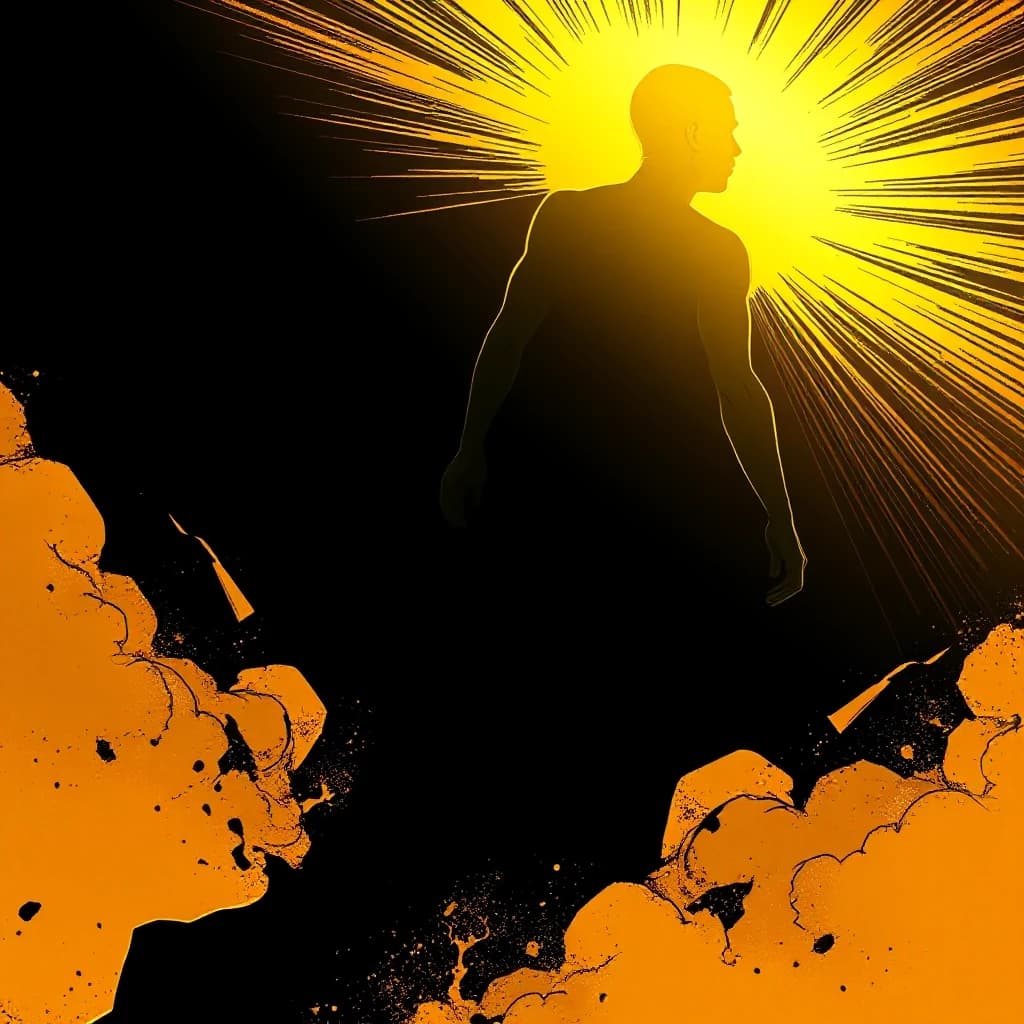 A human silhouette radiating golden light, rising above the darkness, comic book style with cinematic dramatic lighting, dark graphic novel aesthetic, bold black outlines, no text, no words, 4k