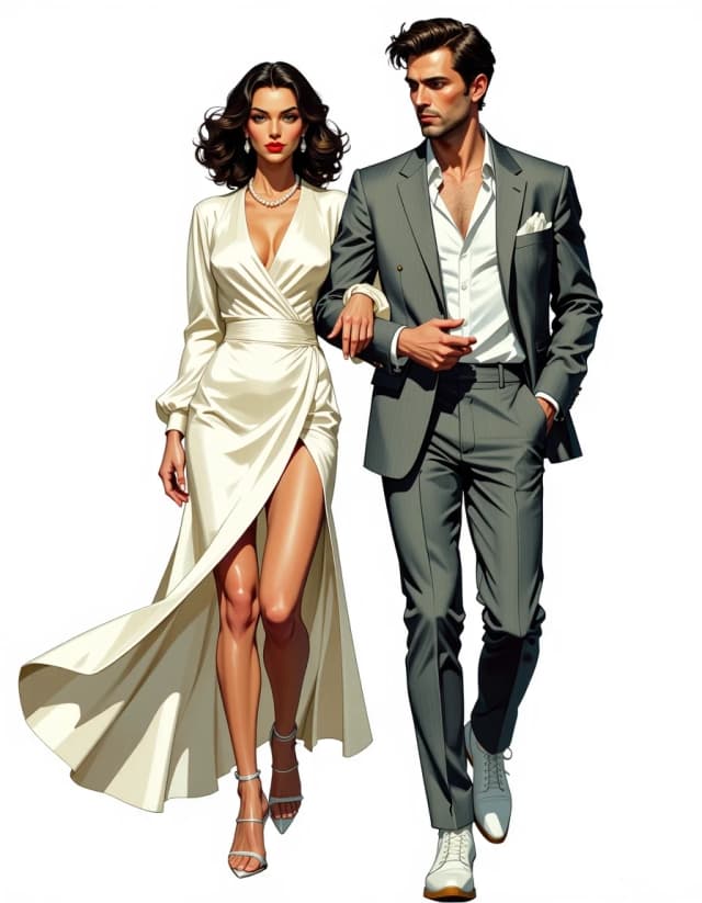 A masterpiece, in the style of the 1980s, with bold lines, dynamic strokes and rich textures, on background with a touch of nostalgia, perhaps with subtle drawings inspired by cellulose and vintage, worn textures similar to paper,oil painting, Full-body, high-fashion portrait of a glamorous couple walking toward the camera on a clean white background, cinematic editorial style. Woman wears a flowing ivory satin wrap gown with long blouson sleeves, cinched waist, thigh slit and delicate strappy heels; hair in soft vintage waves, pearl necklace and drop earrings, red lips, porcelain skin, calm confident expression. Man beside her in a tailored light gray pinstripe suit, open-collar white shirt, pocket square and white leather shoes, hand casually in pocket, arm around her waist, suave relaxed gaze. Gentle forward stride, fabric and gown subtly billowing as if caught in motion. Soft high-key studio lighting with a slight rim light to separate subjects, crisp specular highlights on silk, natural warm skin tones, polished retouching with ultra-detailed fabric texture, hair strands and pores, shallow depth of field to maintain full-body sharpness, subtle film grain for a timeless elegant look, color palette of ivory, silver-gray and warm flesh tones, mood sophisticated, romantic and cinematic. celshading, simple background