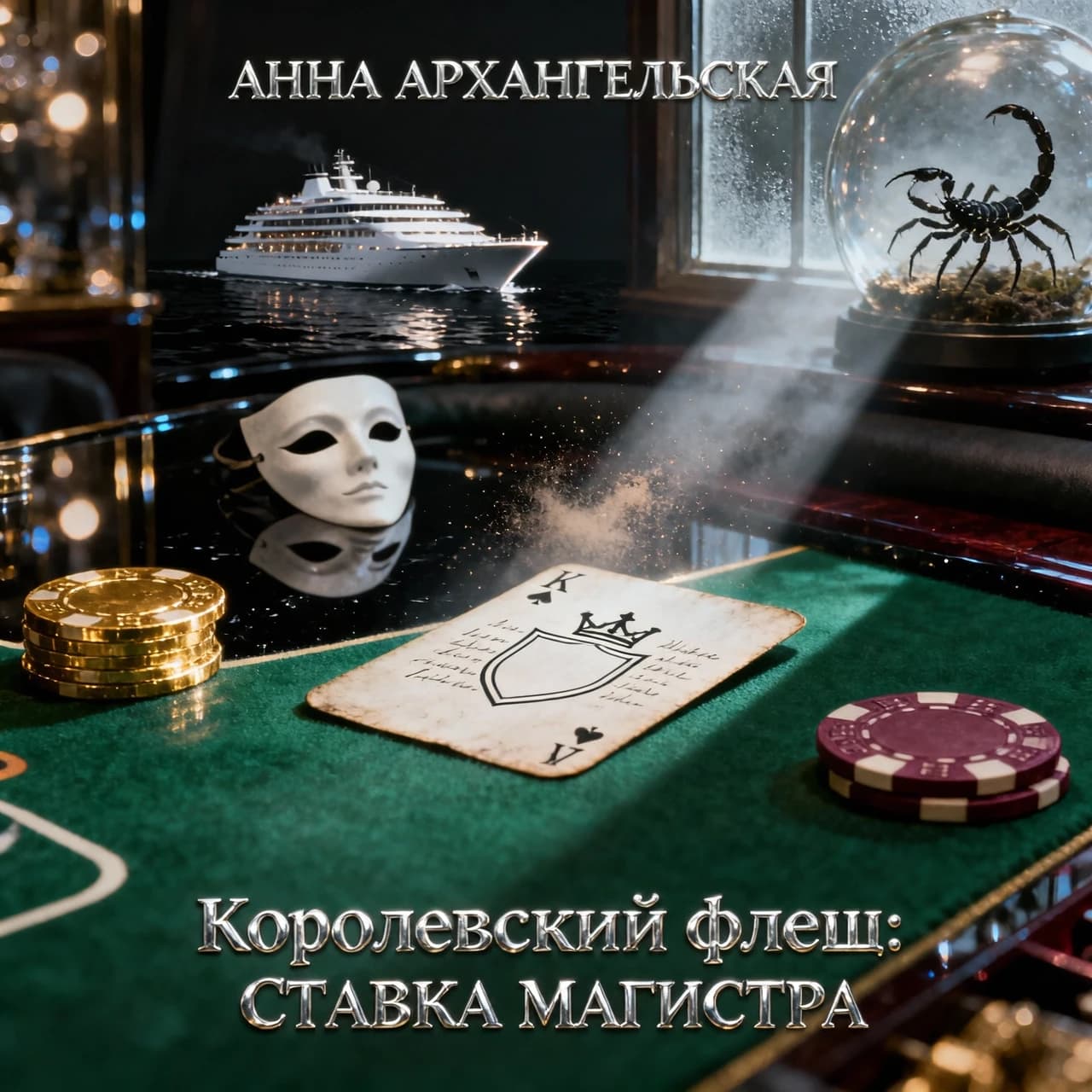 Premium A5 book cover for a detective thriller, vertical orientation. Cinematic realism, hyper-detailed photorealism.
Composition: A macro close-up shot of a professional poker table covered in deep emerald-green felt. In the center, a single, slightly worn playing card—a "White King" without a suit, featuring a minimalist crown contour and an empty shield. The card is textured, with faint, handwritten script visible through the paper as light bleeds through it. Beside the card lie two or three high-end casino chips and a sharp, thin crack of light cutting through the darkness, like a focused spotlight.
In the polished, dark reflection of the table's surface, there is a ghostly, sophisticated white masquerade mask and the blurred, bokeh lights of Monte Carlo. In the upper corner, subtly out of focus behind frosted glass, a small, elegant terrarium reveals the faint, non-grotesque silhouette of a scorpion. In the far distance, visible through a window, a magnificent, glowing modern cruise liner glides on the dark sea.
Atmosphere: Cold luxury, intellectual tension, and an impending sense of threat. A light haze hangs in the air with microscopic dust particles dancing in a single dramatic light beam.
Color Palette: Deep obsidian black, rich emerald green, polished gold, subtle blood-burgundy accents, and sharp silver highlights.
Typography (Russian language only):
Top: "АННА АРХАНГЕЛЬСКАЯ"
Королевский флеш:
СТАВКА МАГИСТРА