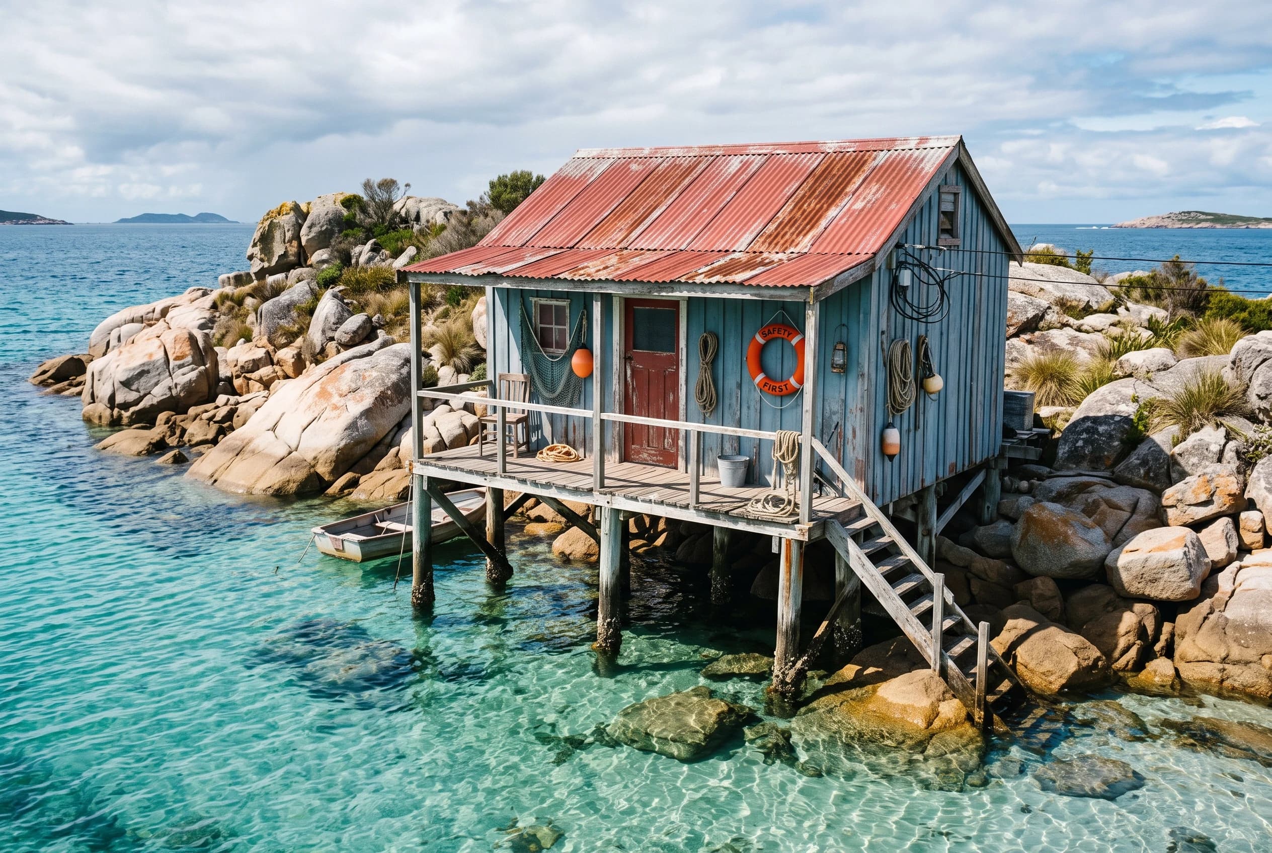 A weathered wooden fishing shack on a small island stands on sturdy timber stilts anchored among large sun-bleached granite boulders in crystal clear shallow turquoise water. Faded blue wooden walls, a corrugated red metal roof, a weathered red door, hanging utility cables and a bright orange lifebuoy on the wall. A narrow wooden porch wraps around the front above the water.