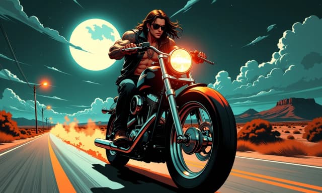 A masterpiece, in the style of the 1980s, with bold lines, dynamic strokes and rich textures, on background with a touch of nostalgia, perhaps with subtle drawings inspired by cellulose and vintage, worn textures similar to paper,oil painting, Ultra-realistic cinematic night scene of a muscular tattooed biker tearing down a desert highway on a black cruiser motorcycle under a bright full moon and dramatic cloudscape, low-angle three-quarter front view, wind-swept long hair and sunglasses, leather vest, chained jeans, visible necklaces and detailed arm tattoos, powerful chrome engine and gleaming exhaust pipes, headlight lens flare and warm orange rim light mixing with cool moonlight, a lone streetlamp casting soft amber glow to the left, dust and tire smoke trailing behind, motion blur on the road and distant scrubby desert landscape, crisp sharp focus on the rider’s face, hands and motorcycle details, volumetric moonlight shafts, high contrast teal-orange cinematic color grade, intense moody atmosphere, photoreal textures, subtle film grain, 35mm focal feel, shallow depth of field, cinematic lighting and dramatic shadows.