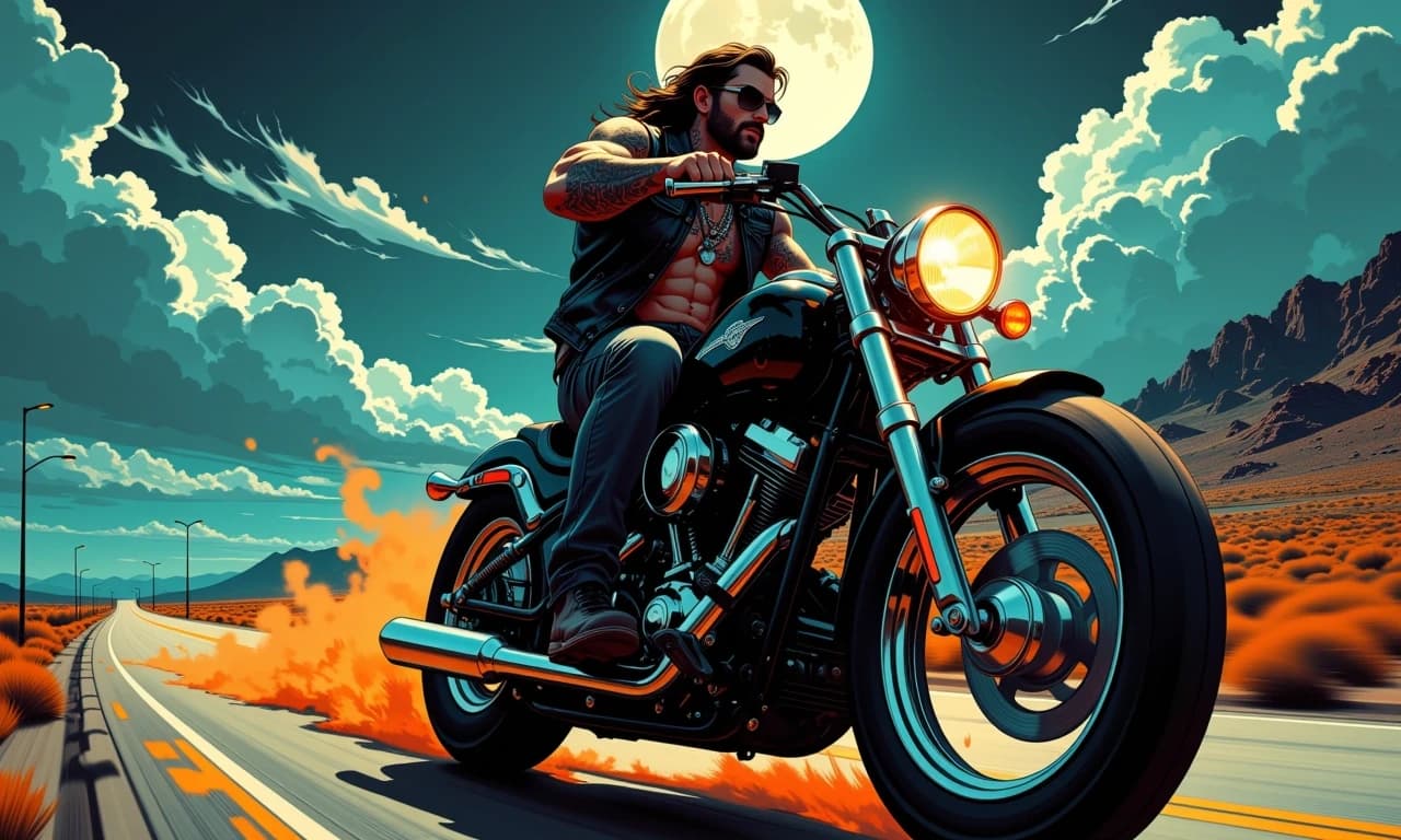A masterpiece, in the style of the 1980s, with bold lines, dynamic strokes and rich textures, on background with a touch of nostalgia, perhaps with subtle drawings inspired by cellulose and vintage, worn textures similar to paper,oil painting, Ultra-realistic cinematic night scene of a muscular tattooed biker tearing down a desert highway on a black cruiser motorcycle under a bright full moon and dramatic cloudscape, low-angle three-quarter front view, wind-swept long hair and sunglasses, leather vest, chained jeans, visible necklaces and detailed arm tattoos, powerful chrome engine and gleaming exhaust pipes, headlight lens flare and warm orange rim light mixing with cool moonlight, a lone streetlamp casting soft amber glow to the left, dust and tire smoke trailing behind, motion blur on the road and distant scrubby desert landscape, crisp sharp focus on the rider’s face, hands and motorcycle details, volumetric moonlight shafts, high contrast teal-orange cinematic color grade, intense moody atmosphere, photoreal textures, subtle film grain, 35mm focal feel, shallow depth of field, cinematic lighting and dramatic shadows.