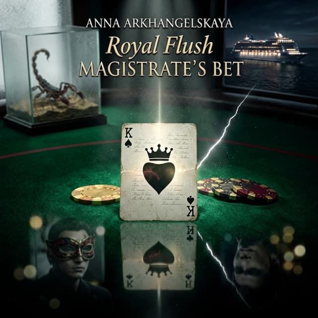 Premium A5 book cover for a detective thriller, vertical orientation. Cinematic realism, hyper-detailed photorealism.
Composition: A macro close-up shot of a professional poker table covered in deep emerald-green felt. In the center, a single, slightly worn playing card—a "White King" without a suit, featuring a minimalist crown contour and an empty shield. The card is textured, with faint, handwritten script visible through the paper as light bleeds through it. Beside the card lie two or three high-end casino chips and a sharp, thin crack of light cutting through the darkness, like a focused spotlight.
In the polished, dark reflection of the table's surface, there is a ghostly, sophisticated зеркальная мужская masquerade mask and the blurred, bokeh lights of Monte Carlo. In the upper corner, subtly out of focus behind frosted glass, a small, elegant terrarium reveals the faint, non-grotesque silhouette of a scorpion. In the far distance, visible through a window, a magnificent, glowing modern cruise liner glides on the dark sea.
Atmosphere: Cold luxury, intellectual tension, and an impending sense of threat. A light haze hangs in the air with microscopic dust particles dancing in a single dramatic light beam.
Color Palette: Deep obsidian black, rich emerald green, polished gold, subtle blood-burgundy accents, and sharp silver highlights.
Typography (Russian language only):
Top: "АННА АРХАНГЕЛЬСКАЯ"
Королевский флеш:
СТАВКА МАГИСТРА