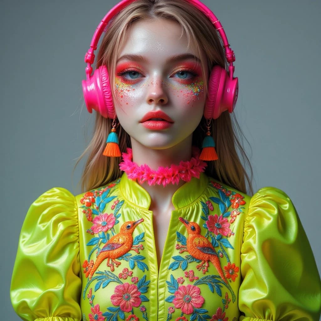masterpiece, best quality, ultra-detailed, photorealistic, cinematic fashion photography, intricate details, sharp focus, soft studio lighting,
beautiful young woman with long straight blonde hair, bright pink eyeshadow with glitter, wearing neon pink over-ear headphones, large colorful tassel earrings and a fluffy neon pink choker, dressed in a vibrant neon yellow-green embroidered blouse with puffy sleeves featuring intricate floral, bird and lizard embroidery in pink orange and turquoise, cropped style,
neutral soft grey studio background,
dramatic close-up portrait, perfect high-fashion framing,
highly detailed skin texture, realistic intricate embroidery, glossy makeup, soft volumetric lighting, sharp focus on face and clothing, 8k resolution, hyper detailed, masterpiece, best quality, intricate details, photorealistic, cinematic color grading