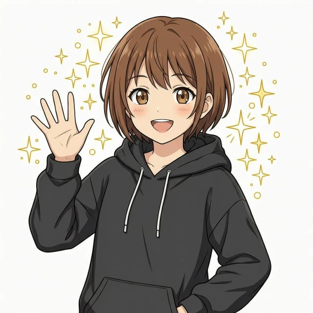 Modern anime style, high quality anime aesthetic, 2D anime illustration, full-grown teen anime girl, correct human anatomy, proportional body, short brown hair, expressive brown eyes, wearing an oversize black hoodie, solid crisp white background, sharp clean outlines, cell shading, flat colors, professional key visual, close-up portrait, smiling happily, waving hand at camera, sparkling sparkles around her head, joyful anime expression
