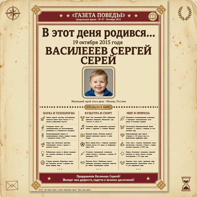 Хочу подарить ребенку на день рождения "страничку из газеты". Фото с заголовком "В этот день родился......", дата вверху как в газете или журнальной обложке. и вокруг рубрики - что еще произошло в этот день в мире (открытия, праздники и тд.). События должны быть позитивными. Сделай, пожалуйста, такую страничку. Прикрепляю фото именинницы. Дата рождения 19.10.2015г. Имя Васильев Сергей. Можешь сделать страницу цветной, но чтобы не терялось ощущение газеты или журнала. Сам найди позитивные события в мире произошедшие в тот день в мире