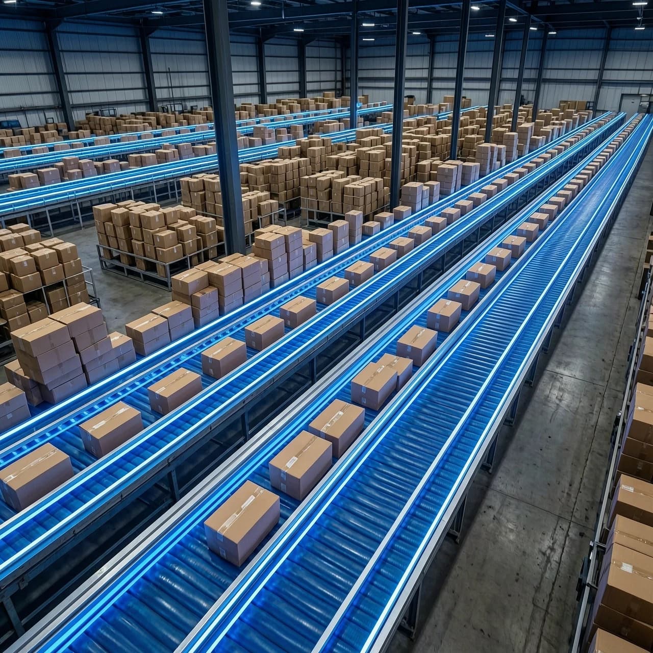 Inside the dark warehouse, bright blue LED conveyor belts rapidly sort thousands of brown cardboard parcels. Fast-paced, top-down view.