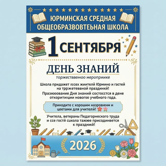 Объявление о школьном празднике 1 сентября 2026 Юрминская средняя общеобразовательная школа приглашает на торжественное мероприятие посвященное Дню Знаний С собой иметь хорошее настроение и цветы для учителей. Также на праздник приглашаются учителя, ветераны и гости