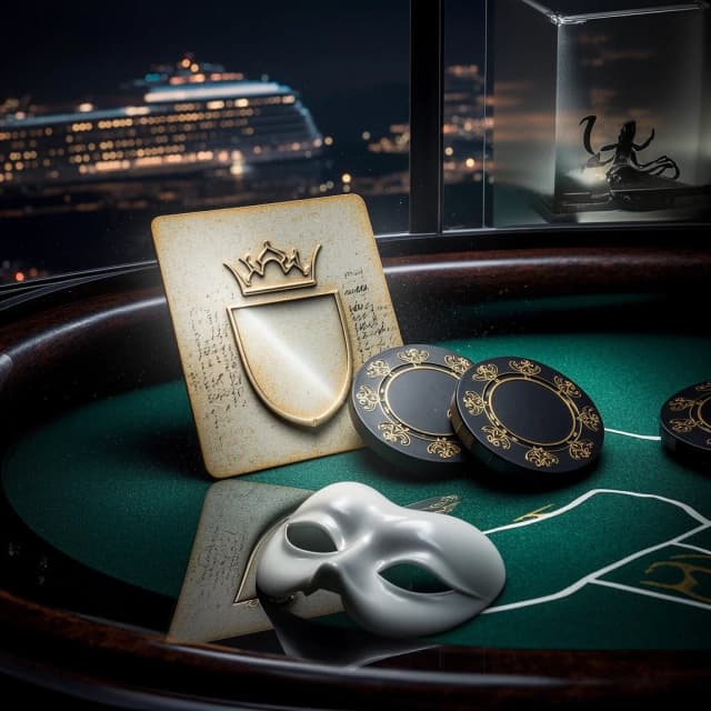 Premium A5 book cover for a detective thriller, vertical orientation. Cinematic hyper-realism, shot on 35mm lens, f/1.8 for deep depth of field.
Composition: An extreme macro close-up shot of a professional poker table surfaced in heavy, textured deep emerald-green felt. The focal point is a single, weathered playing card—the "White King"—lacking a suit, featuring a minimalist, embossed crown contour and an empty, stark shield. The card's paper grain is highly detailed, with faint, enigmatic handwritten script visible through the fibers as light bleeds through the stock. Beside the card lie three high-end, heavy ceramic casino chips with gold filigree. A sharp, surgical blade of light cuts through the darkness, acting as a dramatic spotlight that catches microscopic dust particles dancing in the air.
Reflections and Background: The polished, dark mahogany-and-lacquer surface of the table acts as a mirror, showing a ghostly, sophisticated white porcelain masquerade mask and the soft, shimmering bokeh of Monte Carlo’s distant lights. In the upper corner, behind a pane of heavy frosted glass, a small, elegant glass terrarium contains the subtle, non-grotesque silhouette of a scorpion. In the far distance, framed through a dark window, a magnificent, glowing modern cruise liner glides silently across a midnight sea.
Atmosphere and Style: Cold luxury, intellectual tension, and a sense of impending, calculated