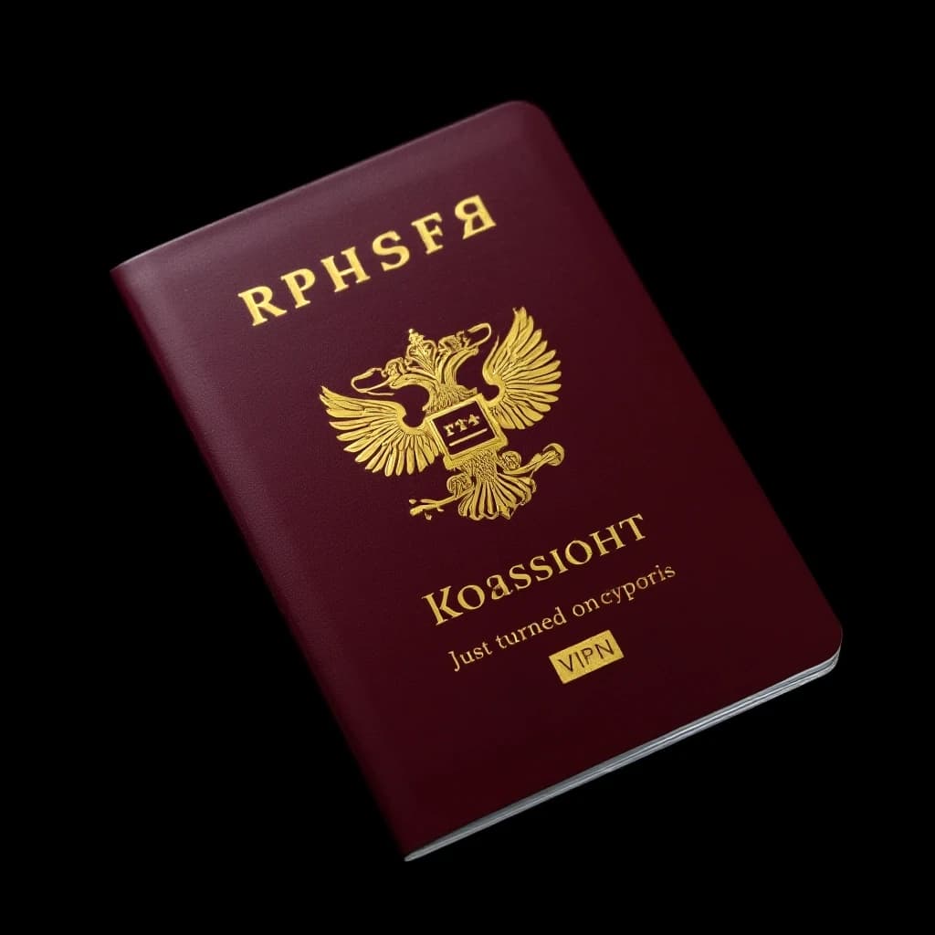 Российский загранпаспорт на абсолютно черном фоне, темно-бордовая обложка с золотым двуглавым орлом, надпись внизу "Просто включил VPN",, студийное освещение, блики, макросъемка, высокое разрешение, фотореализм.