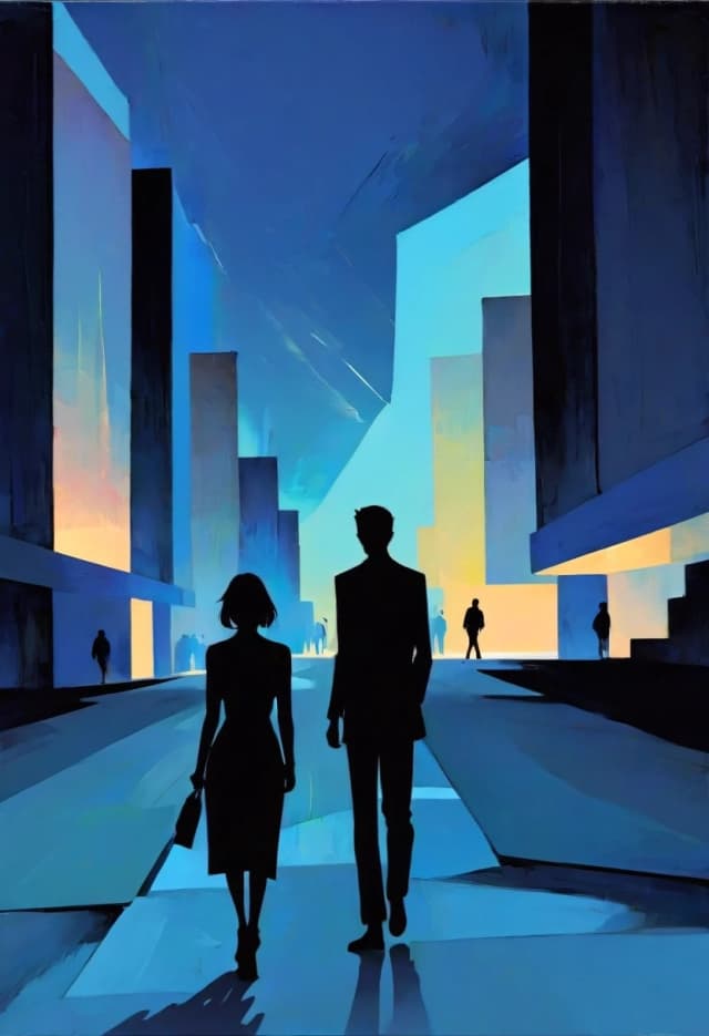 In the style of Malcolm T. Leipke
on a blue background,
night landscape, modern architectural landscape, walking silhouettes of women and men, angular, nervous brushstrokes, on a rough background, pastel, unfinished study
minimalism