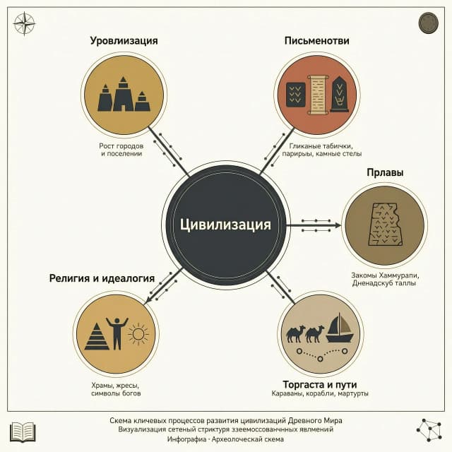 «Инфографическая схема в виде сети взаимосвязанных узлов, визуализирующая ключевые процессы развития цивилизаций Древнего мира. В центре — узел “цивилизация” с расходящимися связями: “урбанизация” (миниатюрные силуэты городов), “письменность” (глиняные таблички, папирусы, каменные стелы), “право” (фрагменты законов Хаммурапи, Двенадцати таблиц), “торговля и пути” (караваны, корабли, карты маршрутов), “религия и идеология” (храмы, жрецы, символы богов). Каждый узел сопровождается лаконичной подписью. Стиль — минималистичная векторная иллюстрация, монохромная палитра с цветными акцентами, чёткие линии, высокая читаемость, вид сверху. Композиция сбалансирована, без визуального шума.»