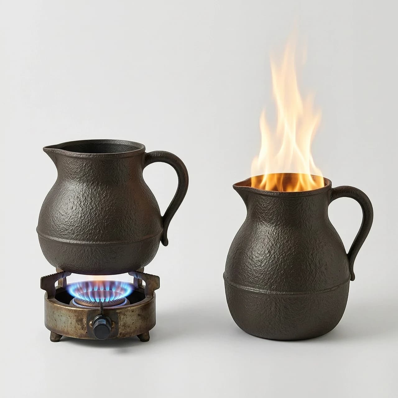 two identical cast iron colored jugs with flat bottoms on a white background, the first is heated from below by a gas burner, the second has no gas from below but is heated to 800 degrees and has flame from it