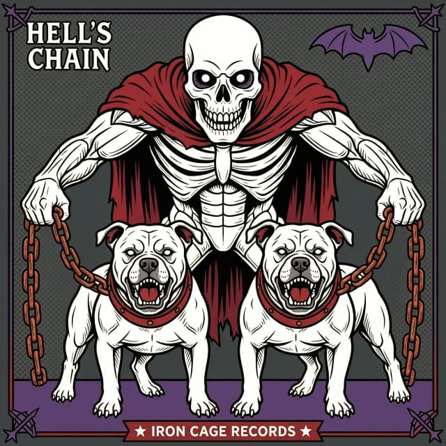 Vector art, flat design with strong black outlines, style inspired by Iron Maiden album art. A demonic figure with skeletal features and glowing eyes holds two aggressive pitbulls by heavy metal chains. Pitbulls are muscular, with cropped ears and snarling expressions. Chains are thick, rusty, with visible links. Background is minimal, dark grey with subtle texture. Color palette: black, deep red, rust, bone white, dark purple. No gradients, use solid colors and hatching for shading.