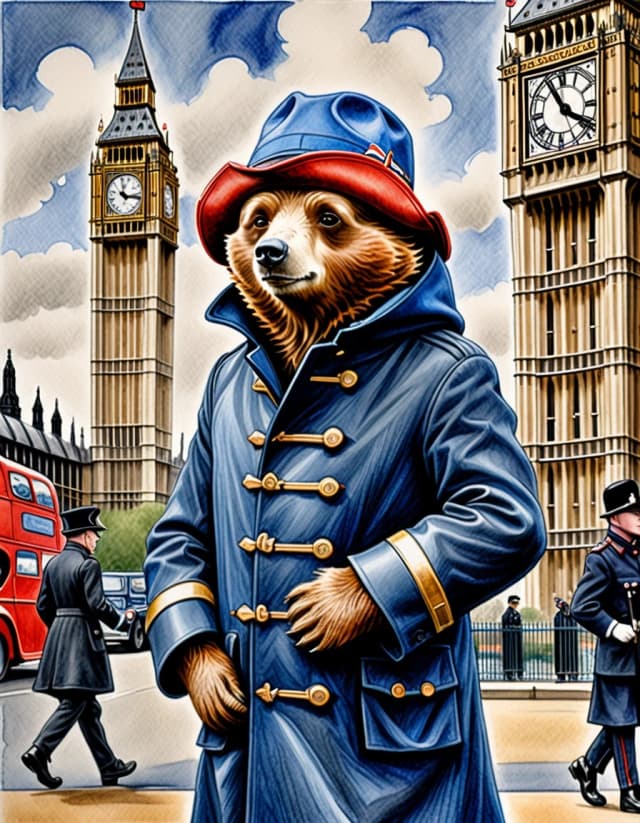 A masterpiece. Style: portrait watercolor painting. (Image of Paddington Bear ((in a traditional high fur cap of the British Guards, “birchen” in black)) and in a blue jacket, against the backdrop of Big Ben):1.8. High quality. High resolution. Increased attention to fine details and texture. Artist: Russ Mills. Aspect ratio: 3:4.