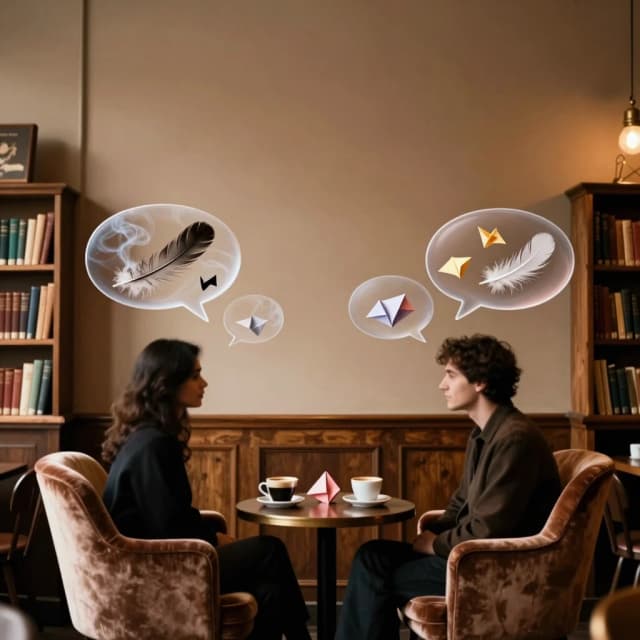 Cinematic wide shot of a cozy, dimly lit vintage library cafe with wooden bookshelves. Two elegant velvet armchairs face each other across a small round table with two cups of hot coffee. The chairs are occupied by two soft, blurred silhouettes. Floating in the warm amber air between them are beautiful translucent abstract speech bubbles, but instead of words, they contain swirling smoke, delicate feathers, and crumpled origami paper — symbolizing beautiful meaninglessness. The top half of the composition is a vast, empty soft beige wall with gentle lighting, providing perfect negative space for event invitation text. Photorealistic, warm autumn tones, intimate and philosophical atmosphere, 4k, shallow depth of field, 4:5 aspect ratio.