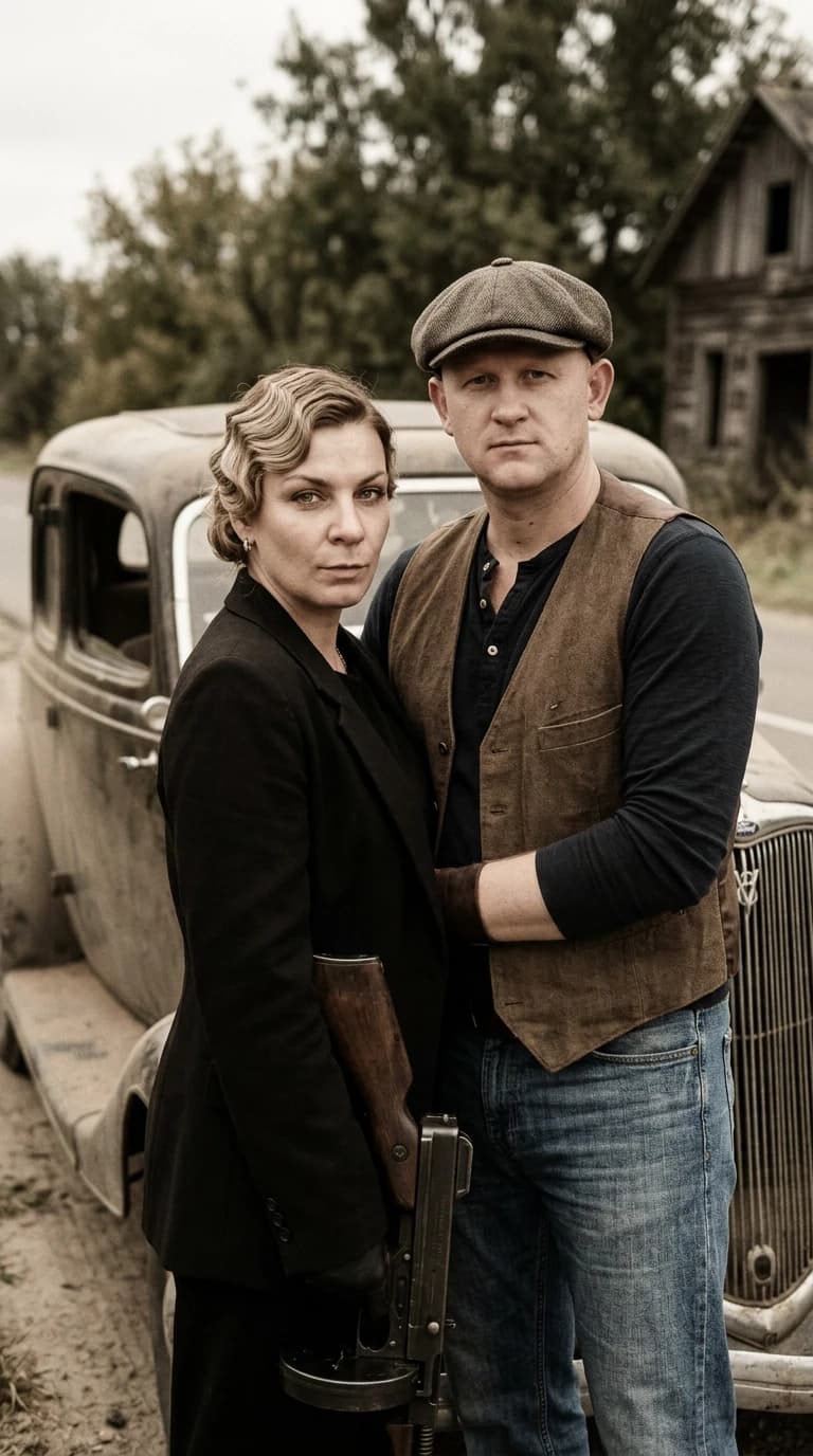 Hyper-realistic cinematic still of a man and a woman portrayed as Bonnie and Clyde, captured in the style of a vintage 1930s authentic film photograph. The composition is a medium shot, focusing on their expressive faces and upper bodies, maintaining perfect anatomical proportions and natural skin textures with subtle imperfections. The woman features classic 1930s finger waves hairstyle and period-accurate attire, while the man wears a newsboy cap and a rugged vintage waistcoat. The lighting is dramatic chiaroscuro, reminiscent of film noir, with soft shadows and a slight film grain that adds depth and realism. The color palette is muted, slightly desaturated with warm sepia undertones, avoiding any artificial digital look. The background is a blurred, atmospheric setting of a dusty roadside or a vintage getaway car, creating a sense of tension and romantic outlaw lifestyle. High-fidelity textures, shot on 35mm film, Kodak Tri-X aesthetic, sharp focus on subjects, masterpiece quality, no distortions.