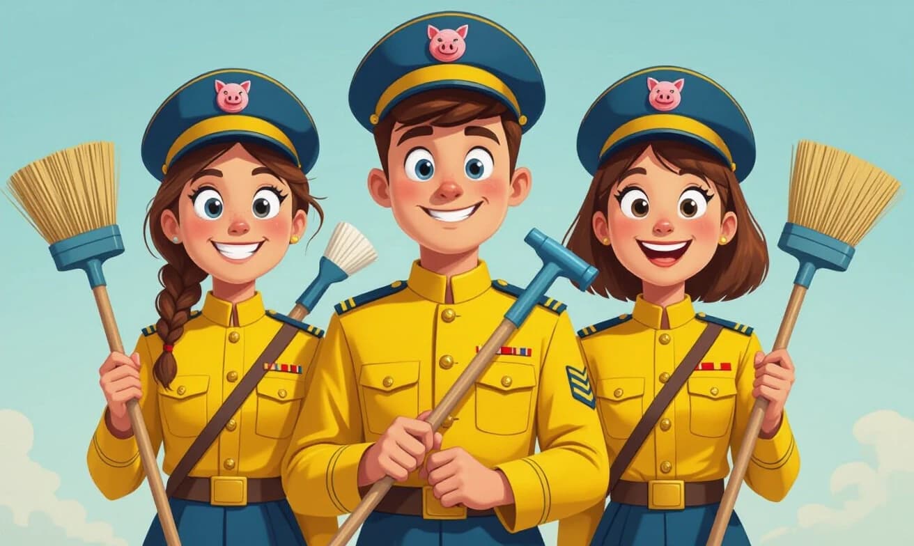 Teenagers with stupid faces, in yellow and blue military uniforms, wearing military caps with cockades in the shape of a pig's head, holding brooms and plungers in their hands, a caricature
