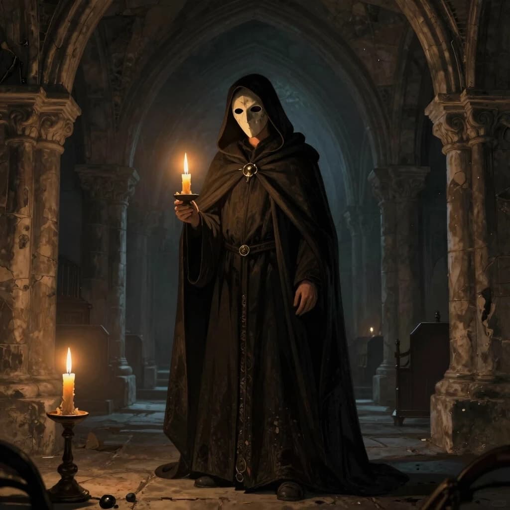 Under the vaults of an ancient medieval church, in the semi-darkness, by the lit candles, stands a mysterious man in a long, ankle-length cloak, a hood thrown over his head, his face covered by a half-mask, only his eyes visible. Illustration, Fantasy, Mysticism