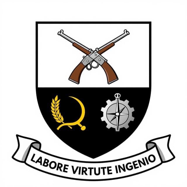 Heraldic coat of arms, family shield with a pall division into three sections (Y-shape partition). Section 1 (top): 19th-century infantry uniform elements and crossed muskets. Section 2 (bottom left): golden wheat sheaf and sickle. Section 3 (bottom right): silver gear and compass. Below the shield, a scroll banner. Inside the banner, clear readable text in Latin alphabet, translated from the motto "By labor, courage, and intellect": "LABORE VIRTUTE INGENIO". Heraldry style, clean vector design, flat colors, no crown, no background, isolated on white background.
