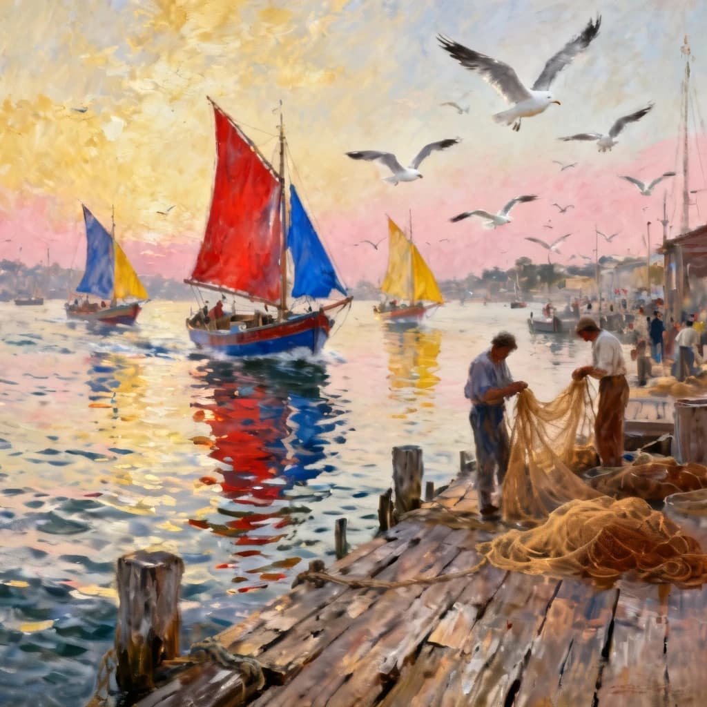 A vibrant digital painting capturing the lively atmosphere of a bustling harbour at dawn. Fishing boats with colorful sails are returning to shore, their reflections shimmering on the water. Weathered fishermen mend nets on the docks, while seabirds circle overhead. The style is a blend of Impressionism for the light and color, with realistic details for the boats and structures, reminiscent of Joaquin Sorolla.