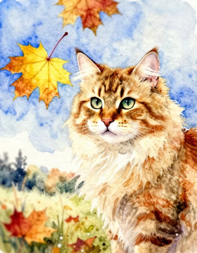 A masterpiece. Creating an image. The style is watercolor painting. Delicate watercolor on raw, on paper.((Against the background of the autumn landscape and the blue sky, a yellow maple leaf and a beige-red Siberian fluffy striped cat:1.6)). High resolution. High detail and clear texture. Intense close-up. High quality. Increased attention to small details. The aspect ratio is 3:4. The artists are Levitan, Shishkin.