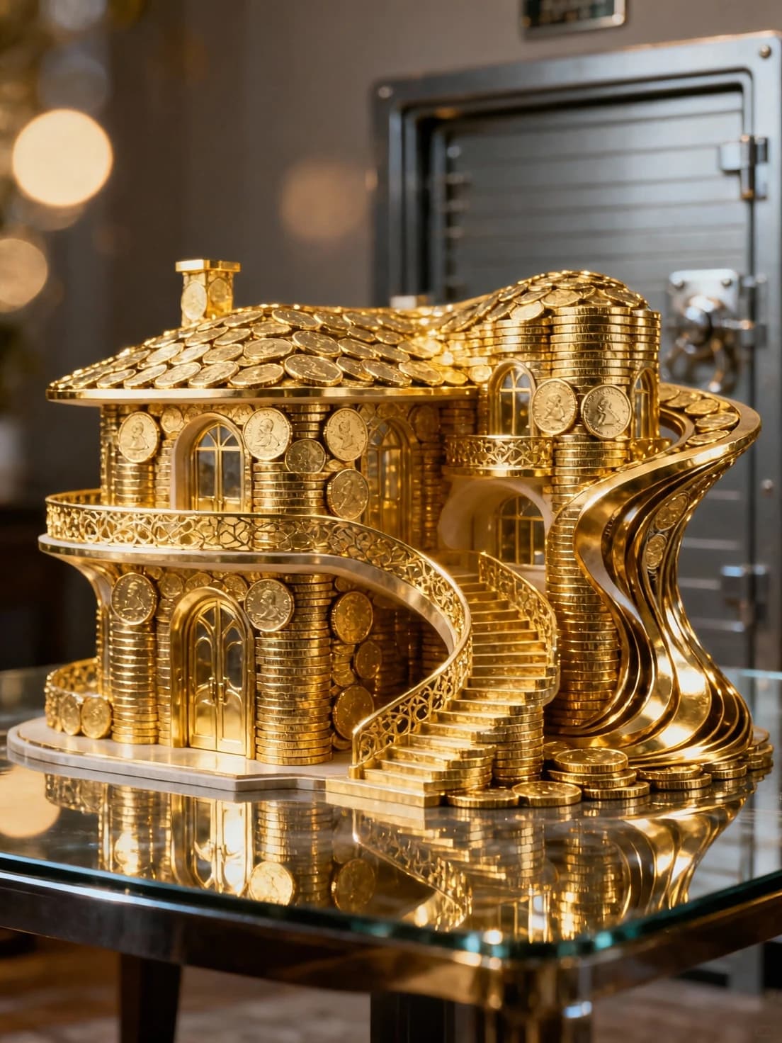 Amazing masterpiece. A mansion made of coins. Gold coins, standing on their edges and stacked in columns, are arranged in futuristic patterns, forming arches, a staircase, a balcony, doors, windows, and the roof of an unusual mansion. Elegance. Graceful curves inspired by the buildings of Oscar Niemeyer, Antoni Gaudí, and Mies van der Rohe. It stands on a table. Bokeh background - view of a safe door. Dynamic and expressive. Stylization. High quality.