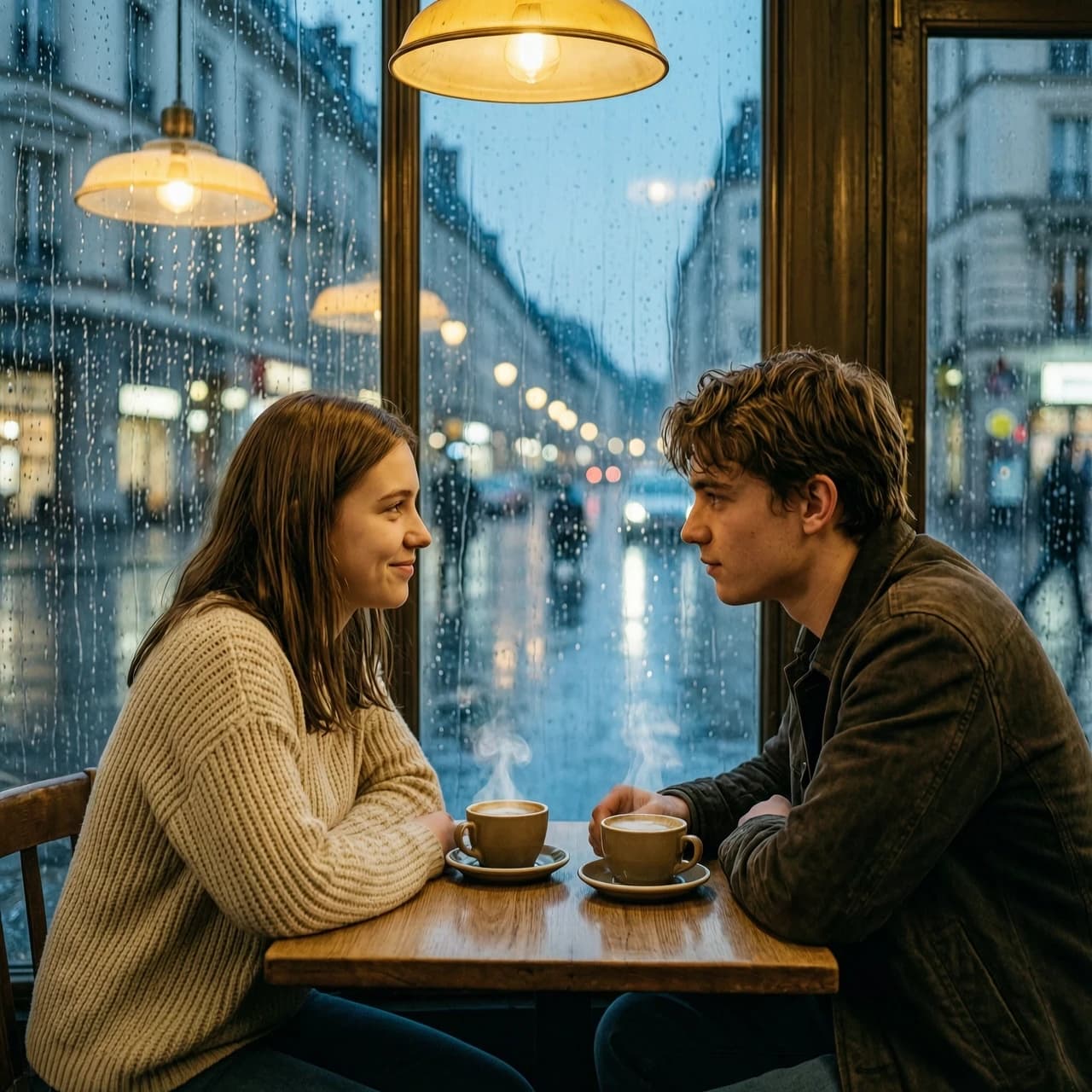 Cinematic romantic drama shot on 35mm film, a chance encounter between a 19-year-old young man and a 19-year-old young woman in a cozy, dimly lit European cafe during a heavy evening rainstorm. The composition is an intimate medium shot focusing on their intense eye contact and the palpable, magnetic chemistry between them. She offers a faint, shy smile while he gazes at her with profound realization. The atmosphere is thick with unspoken tension and romantic longing. Warm, golden ambient light from vintage pendant lamps contrasts with the cool, moody blue tones of the rainy night visible through the large glass windows. Intricate details of raindrops streaking down the windowpane, soft bokeh of city lights in the background, and reflections of the warm interior on the wet glass. Shallow depth of field, soft film grain, naturalistic acting, evocative storytelling, highly detailed textures of knit sweaters and steam rising from coffee cups, masterpiece, shot on Arri Alexa, aesthetic of contemporary European arthouse cinema.