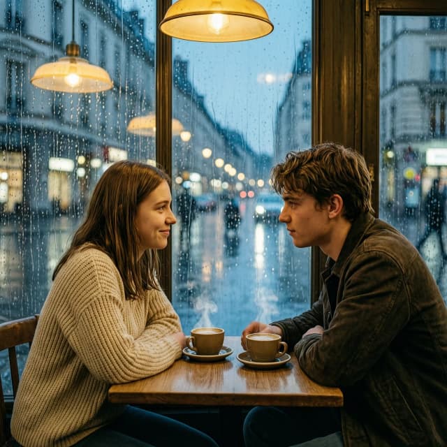 Cinematic romantic drama shot on 35mm film, a chance encounter between a 19-year-old young man and a 19-year-old young woman in a cozy, dimly lit European cafe during a heavy evening rainstorm. The composition is an intimate medium shot focusing on their intense eye contact and the palpable, magnetic chemistry between them. She offers a faint, shy smile while he gazes at her with profound realization. The atmosphere is thick with unspoken tension and romantic longing. Warm, golden ambient light from vintage pendant lamps contrasts with the cool, moody blue tones of the rainy night visible through the large glass windows. Intricate details of raindrops streaking down the windowpane, soft bokeh of city lights in the background, and reflections of the warm interior on the wet glass. Shallow depth of field, soft film grain, naturalistic acting, evocative storytelling, highly detailed textures of knit sweaters and steam rising from coffee cups, masterpiece, shot on Arri Alexa, aesthetic of contemporary European arthouse cinema.
