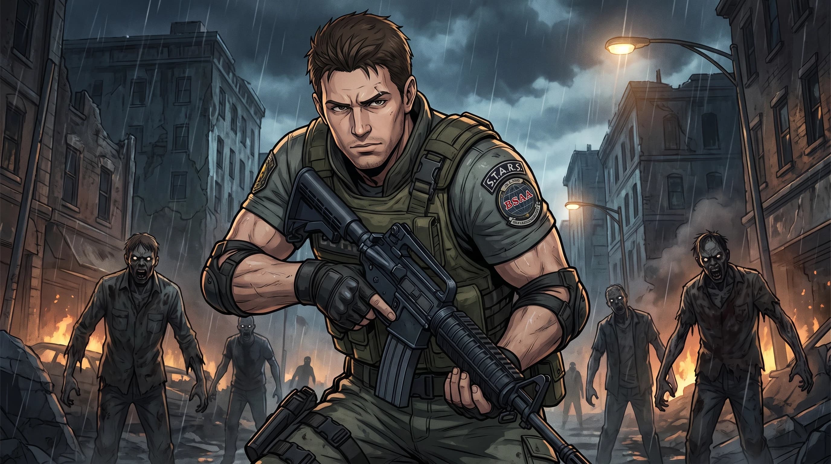 Resident Evil (франшиза), Крис Редфилд, держит автомат, в боевой стойке, серьезный взгляд, поднял бровь, на фоне мрачного Ракун-Сити и злых зомби, в стиле аниме с реалистичными деталями