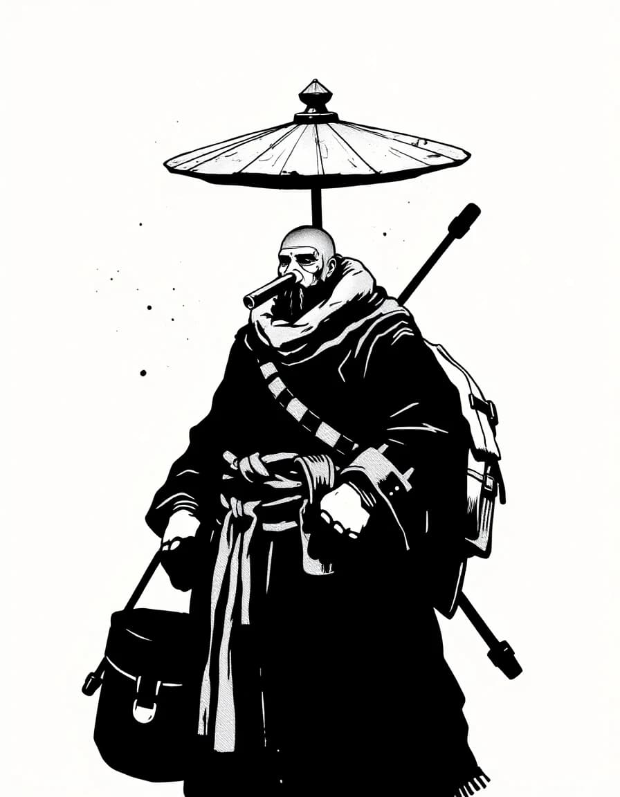 черно-белый рисунок, пост-апокалипсис, стиль Kaze no tani no Naushika, силуэт широкоплечего высокого массивного мужчины в потрёпанном плаще, лицо скрывает тканевая маска с трубками, на голове широкая шляпа в форме огромного диска, за спиной большая сумка и копья, руки скрывают варежки