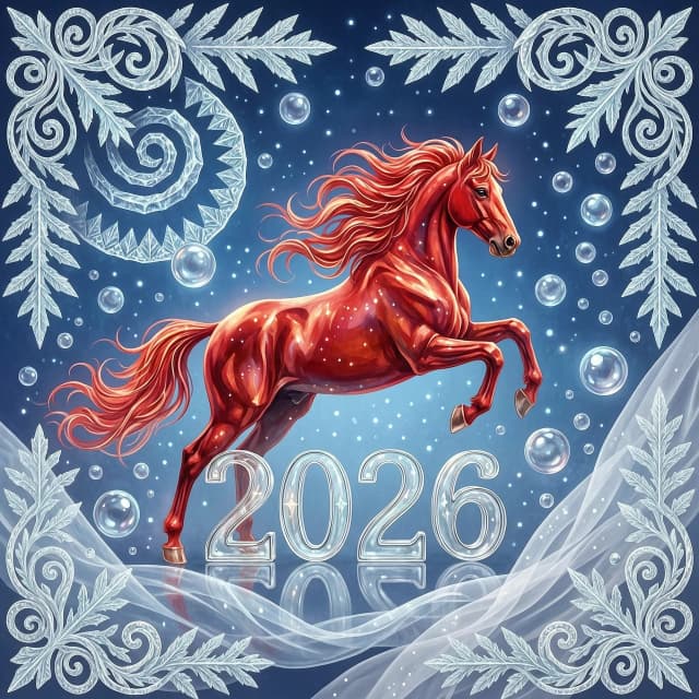 In the double exposure style. An ephemeral mythical creature in the form of a beautiful scarlet fiery horse with a long wavy mane collects the word "2026" from glass letters. In a jump. Background: bright blue night sky with grandiose continuous ornamental frosty patterns, zigzags, spirals of frost. Needles, transparent glass balls, silk, tulle.
In the "Glitter" style: magical realism, natural symphony, shapes dissolve into color, lines flow like water, translucent layers with a watercolor texture, intricate ornaments at the corners of the composition.
Iridescence, lace, entourage, fantastic plot, New Year's tale, magic, whimsicality, originality. High detail, cinematic lighting, solemn festive atmosphere, realistic.