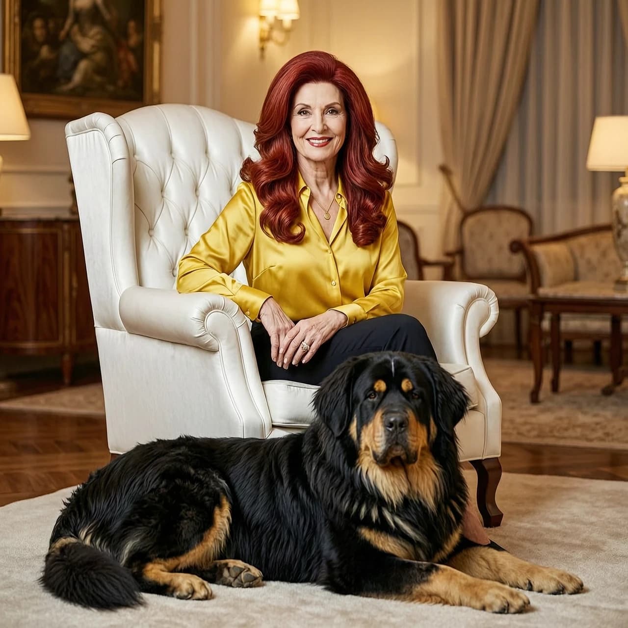 A magnificent square 1:1 format portrait of a stunningly beautiful, highly elegant and groomed 50-year-old woman with vibrant long red hair arranged in luxurious voluminous locks. She is wearing a stylish bright yellow silk blouse, looking sharp and wealthy. She is sitting in a white silk Voltaire armchair with deep button-tufted upholstery. Lying on the floor next to her is a large majestic Mongolian fluffy dog, a black-and-tan Tibetan Mastiff with thick long fur and distinctive tan spots over its eyes, looking exactly like a Bankhar breed. Rich luxury room background, soft warm lighting, bokeh, 8k resolution, centered composition, no text