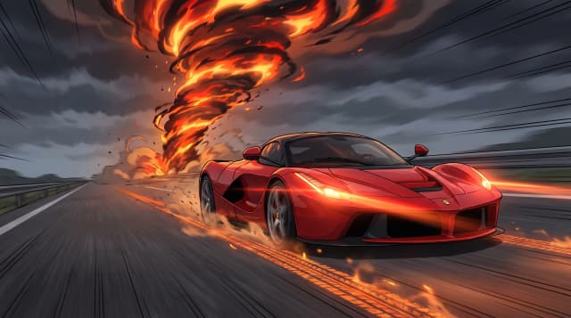 Ferrari LaFerrari, едет по дороге, эпичный ракурс, горящие фары, красные лучи, горящий след от колес, на фоне огненного смерча, стиль аниме с реалистичными деталями, шедевр