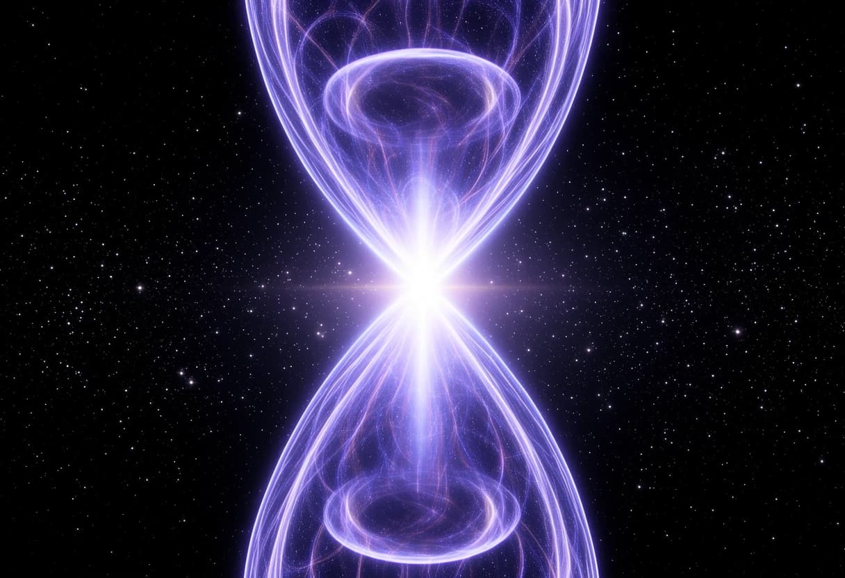 "A massive galactic quantum spiral shaped like an hourglass, consisting of two gigantic rotating energy funnels that taper and meet at the exact center. A blinding quantum flash explosion occurs at the convergence point where the funnels touch. Side view emphasizing the 3D volumetric structure and depth. The image highlights the boundless vastness of space with countless shimmering stars in the deep black background. Cinematic lighting, photorealistic, 8k resolution, epic scale, glowing energy filaments.