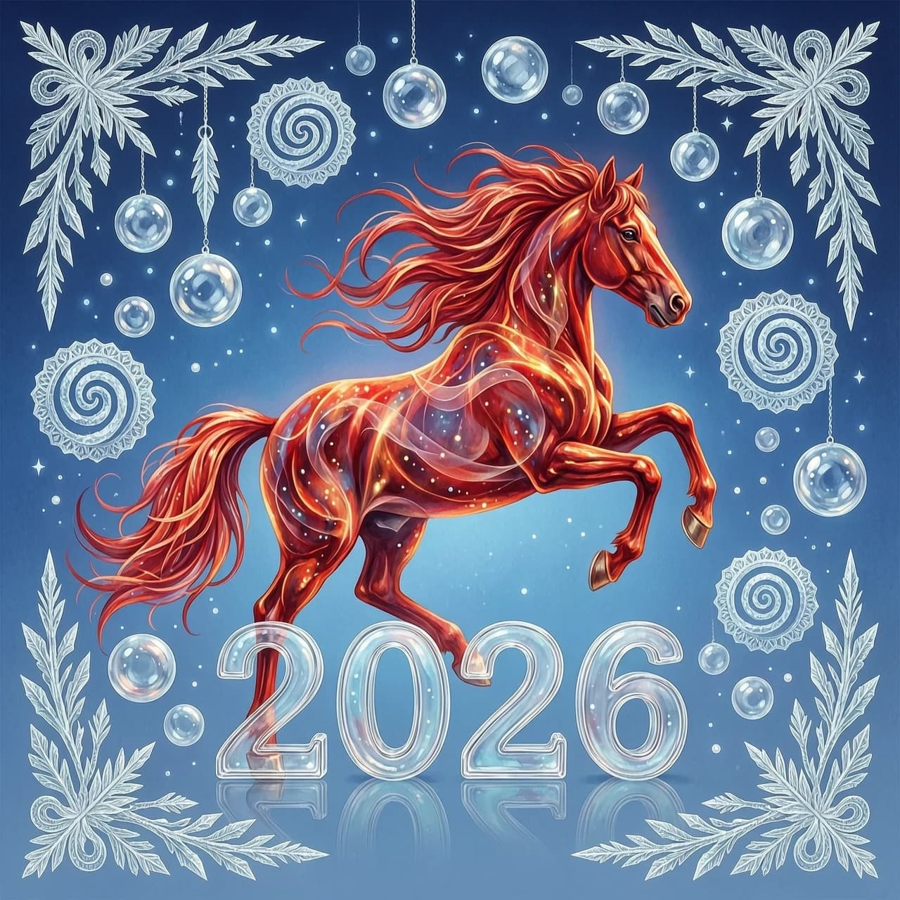 In the double exposure style. An ephemeral mythical creature in the form of a beautiful scarlet fiery horse with a long wavy mane collects the word "2026" from glass letters. In a jump. Background: bright blue night sky with grandiose continuous ornamental frosty patterns, zigzags, spirals of frost. Needles, transparent glass balls, silk, tulle.
In the "Glitter" style: magical realism, natural symphony, shapes dissolve into color, lines flow like water, translucent layers with a watercolor texture, intricate ornaments at the corners of the composition.
Iridescence, lace, entourage, fantastic plot, New Year's tale, magic, whimsicality, originality. High detail, cinematic lighting, solemn festive atmosphere, realistic.