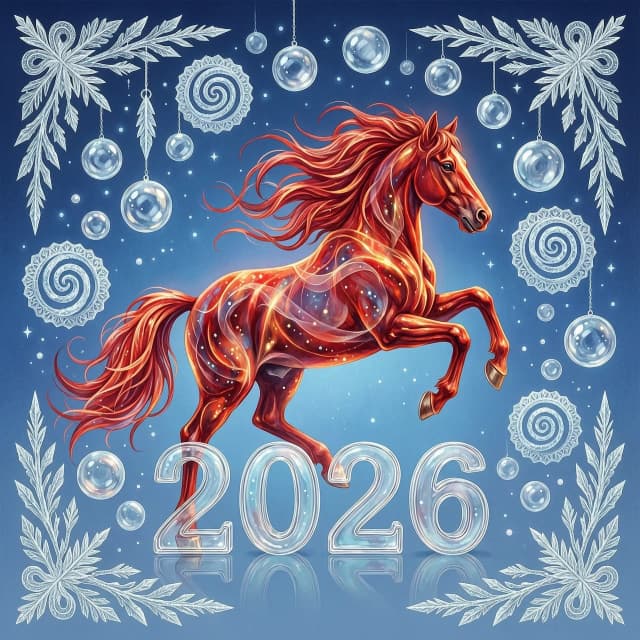 In the double exposure style. An ephemeral mythical creature in the form of a beautiful scarlet fiery horse with a long wavy mane collects the word "2026" from glass letters. In a jump. Background: bright blue night sky with grandiose continuous ornamental frosty patterns, zigzags, spirals of frost. Needles, transparent glass balls, silk, tulle.
In the "Glitter" style: magical realism, natural symphony, shapes dissolve into color, lines flow like water, translucent layers with a watercolor texture, intricate ornaments at the corners of the composition.
Iridescence, lace, entourage, fantastic plot, New Year's tale, magic, whimsicality, originality. High detail, cinematic lighting, solemn festive atmosphere, realistic.