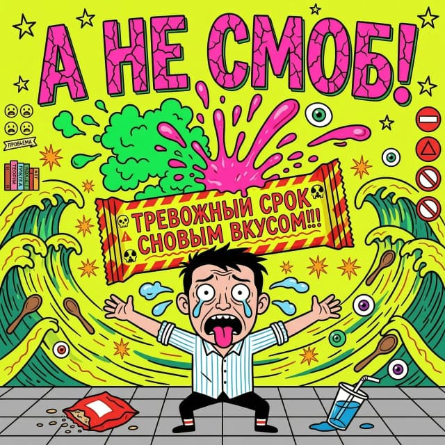 2D яркая векторная иллюстрация в стиле русских мемов и поп-арт. В центре — творожный сырок в обёртке с надписью «ТРЕВОЖНЫЙ СРОК СНОВЫМ ВКУСОМ!!!», из него вырывается ядовито-зелёный дым и кислотно-розовая жижа. Персонаж — парень в офисной рубашке, лицо искажено от отвращения, язык высунут, слёзы летят, он выбрасывает сырок в сторону. Над ним огромная надпись кракелюрным шрифтом: «А НЕ СМОГ!». На заднем плане — гигантская агрессивная волна ядовито-жёлтого цвета с красными прожилками, она нависает и вот-вот накроет сцену. На волне мелкие детали: летающие ложки, искры, знак радиации, глазные яблоки. Цвета — неоновый розовый, токсичный салатовый, кислотный жёлтый, контрастный чёрный. Стиль — грубый контур, плоская заливка, зернистая текстура, динамичный хаос, абсурд, атмосфера паники и стёба.
