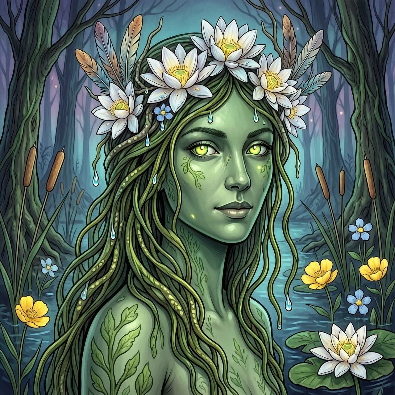 Create a high-resolution 16K HDR image that shows a close-up portrait of the Bog Lady, a magical guardian of the swamps. She is slender and graceful, with a combination of human and plant features. Her skin is a (greenish hue:1.4), with a subtle glow, and is adorned with (patterns resembling seaweed or flowers:1.2). Her eyes glow like those of a firefly. Her long hair, woven from seaweed and flowers, cascades down her shoulders and back. ((She has a crown on her head: the (flexible branches of a willow are intertwined with silver moss), forming a soft frame that follows the contours of her face. Instead of precious stones, the (crown is decorated with petals of water lilies), on which droplets of (transparent swamp water are frozen), shimmering with all the colors of the rainbow. Reeds decorated with (feathers of rare wading birds add lightness, and delicate cornflowers:1.5), forget-me-nots and buttercups add tenderness. Emerald strands of seaweed, resembling the hair of a mermaid, hang from the crown, swaying at the slightest movement)).The background features a dark but stunningly beautiful enchanted swamp, full of magical details and mysterious phenomena. The overall atmosphere should evoke a sense of wonder and mystery. Style: a mix of John Alexander, Moebius, Jean Giraud, Peter Morbacher, and Beeple. The aesthetic should be an exciting blend of fantasy and dark fantasy, with a focus on a mystical and magical style. Emphasize the magnificent details, the masterful composition, and the vibrant, almost hyperrealistic color palettes, (especially the crown of Bog Lady) and her eyes. Pay attention to the artistic qualities of acrylic paints.