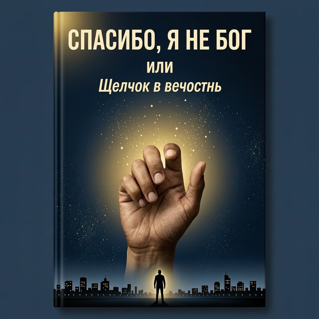 создай обложку книги на русском языке: Фон: Тёмно-синий, почти чёрный, с лёгкой текстурой, напоминающей песок или пыль.
Центр: Крупным планом, вид от первого лица - ладонь направлена от нас вперед— мужская рука, пальцы которой готовы к щелчку пальцами - большой и средний пальцы соединены, безымянный и мизинец прижаты к ладони, указательный смотрит в сторону от нас,. Вокруг них — мягкое золотистое свечение.
Верхняя часть (крупно):
СПАСИБО, Я НЕ БОГ
Чуть ниже (мелко): или
Внизу (курсивом, чуть крупнее «или»): Щелчок в вечность
Под текстом: Едва заметный силуэт одинокого человека на фоне бесконечного горизонта и ночного города
Цветовая гамма: Чёрный, тёмно-синий, золотой. Минимализм, строгость, атмосфера одиночества.