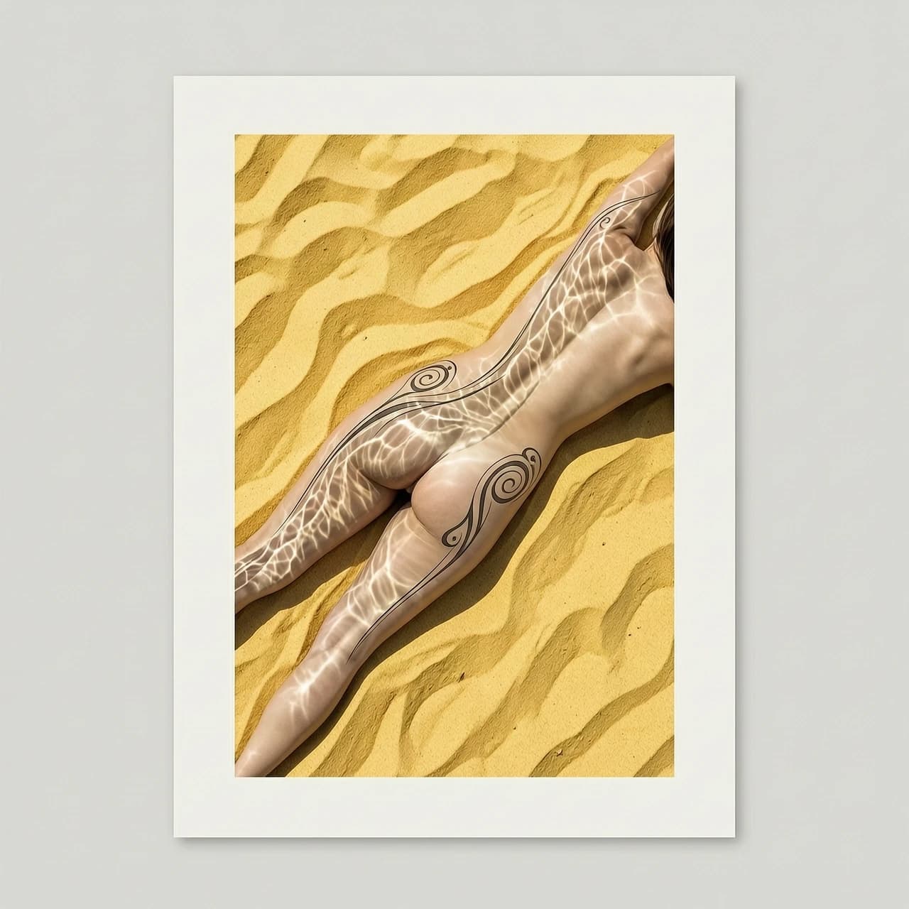 A vertical minimalist digital art print, high-angle view. A beautiful transparent sea water wave forms a clear, perfect silhouette of a woman's body, hip, and waist lying on warm textured yellow sand. Running exactly along the smooth curve of her hip is a very thin, sharp, ink-black Maori Koru tattoo line with delicate curved shapes. High contrast graphics, fine art style, clean layout, no text, no letters, no words, completely blank background for design