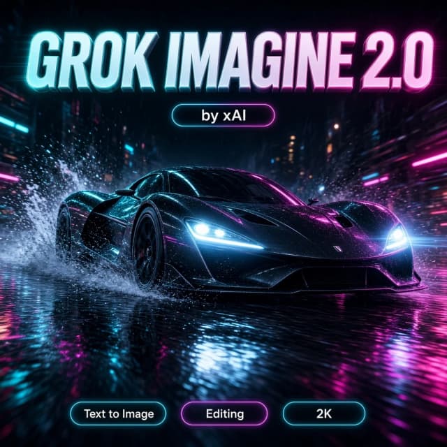 Flat 2D square graphic design cover, the photograph fills the frame 100% edge-to-edge, no frame, no border, no mockup. Across the upper area, bold glowing modern 3D typography reading "GROK IMAGINE 2.0", crisp and perfectly legible, EXACTLY ONE line, appears only once, with a small clean tag "by xAI" directly beneath it. Along the bottom edge, one clean row of three small rounded glowing badges with short legible labels: "Text to Image", "Editing", "2K". Nothing else written anywhere. Background hero: a matte-black hypercar carving through a flooded neon street at night, low angle close to the wet asphalt, headlights blazing, spray arcing off the tyres, magenta and cyan reflections stretching across the water, motion in the air, cinematic anamorphic finish.